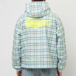 LACOSTE Mens Rain Jacket Small Blue Green Plaid Zip Up Hooded Checkered KARIERTE